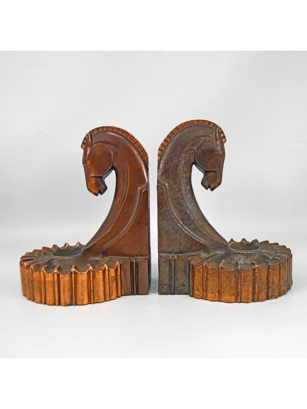 1930s Era Vintage Bronze Copper Art Deco Trojan Horse Bookends Pipe Holder AS IS
